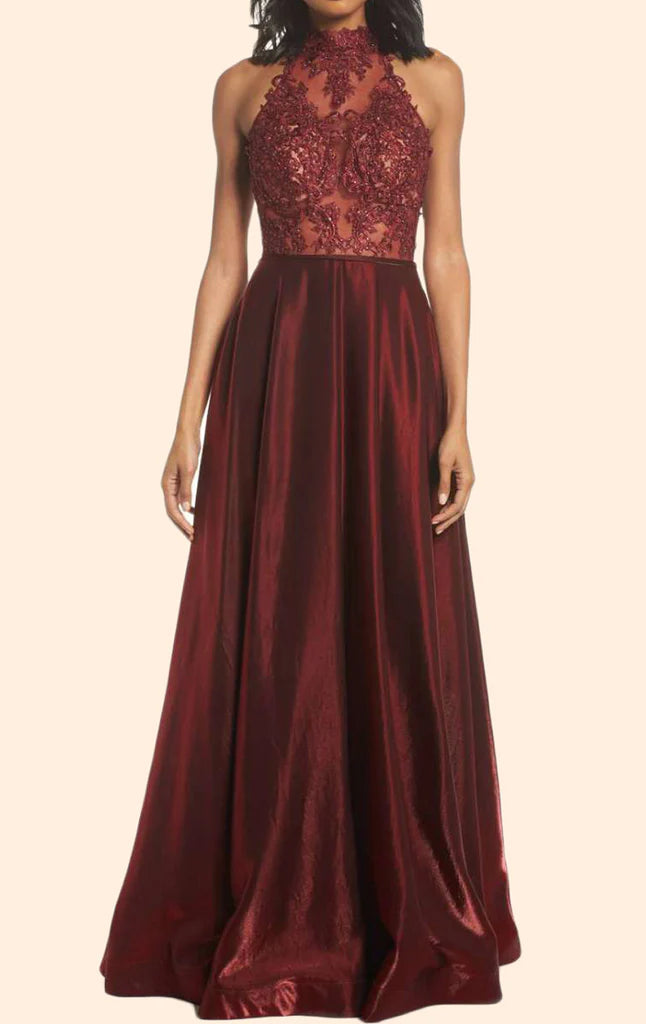 Elegant long lace prom dress with a halter high neck.