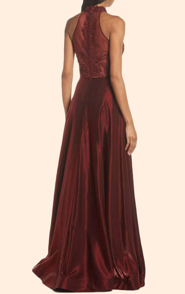 Full length view of the lace prom dress, showcasing its elegant design.