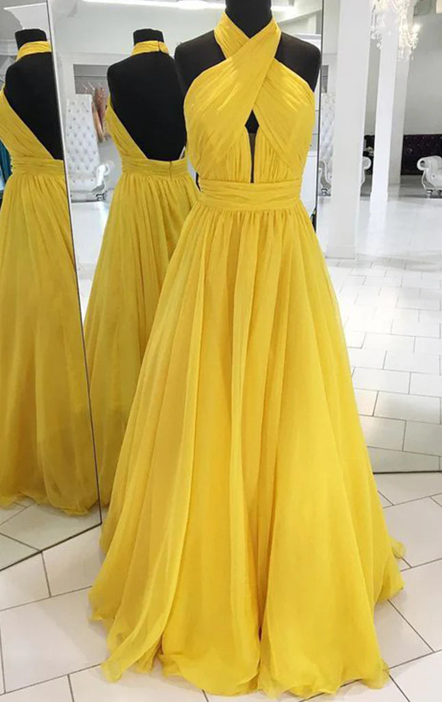 Elegant halter neck chiffon maxi prom gown.