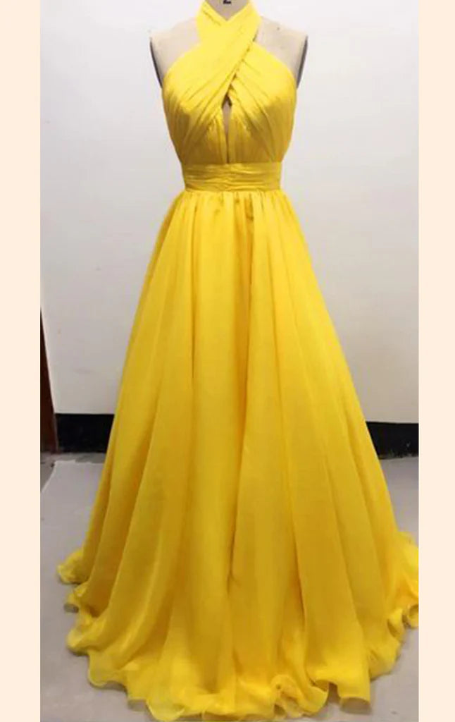 Side profile of a women's halter neck formal gown.