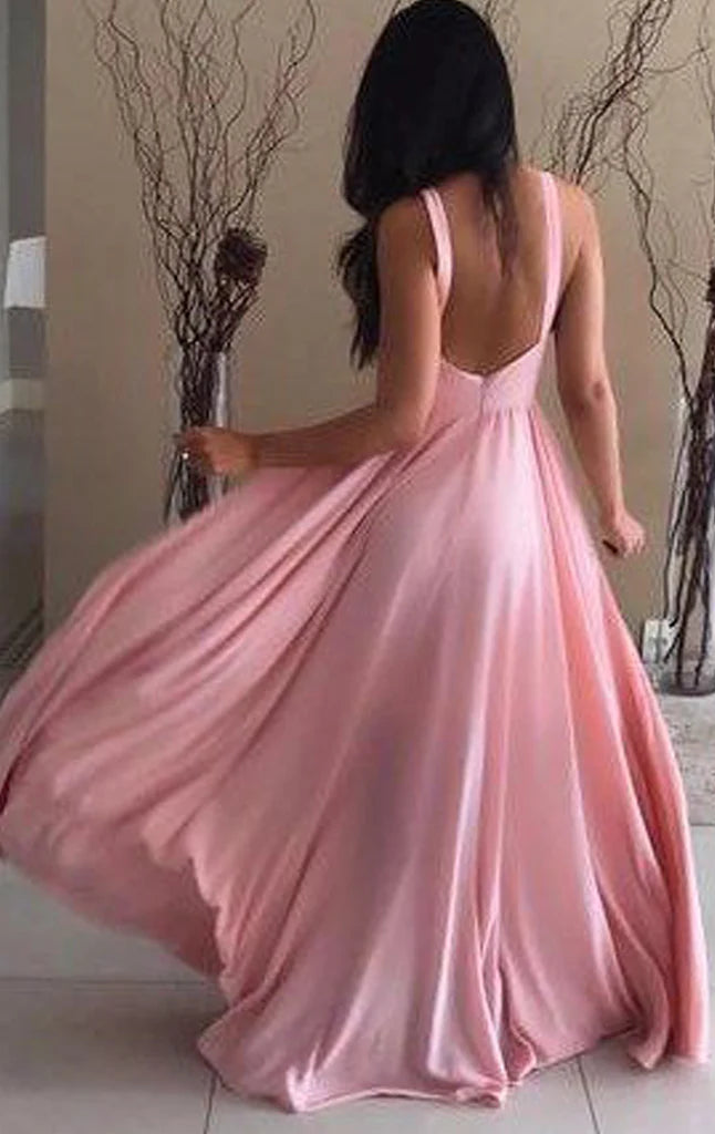 Back view of the long chiffon prom dress with halter neckline.