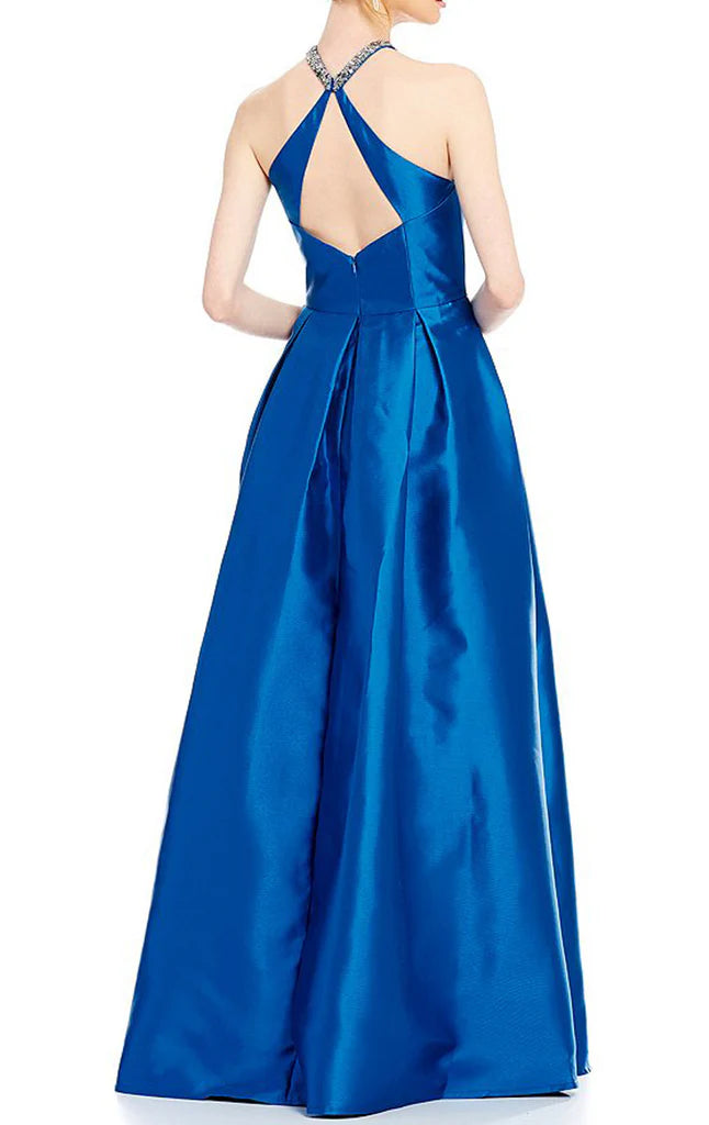 Side view of the elegant navy blue satin long prom dress.