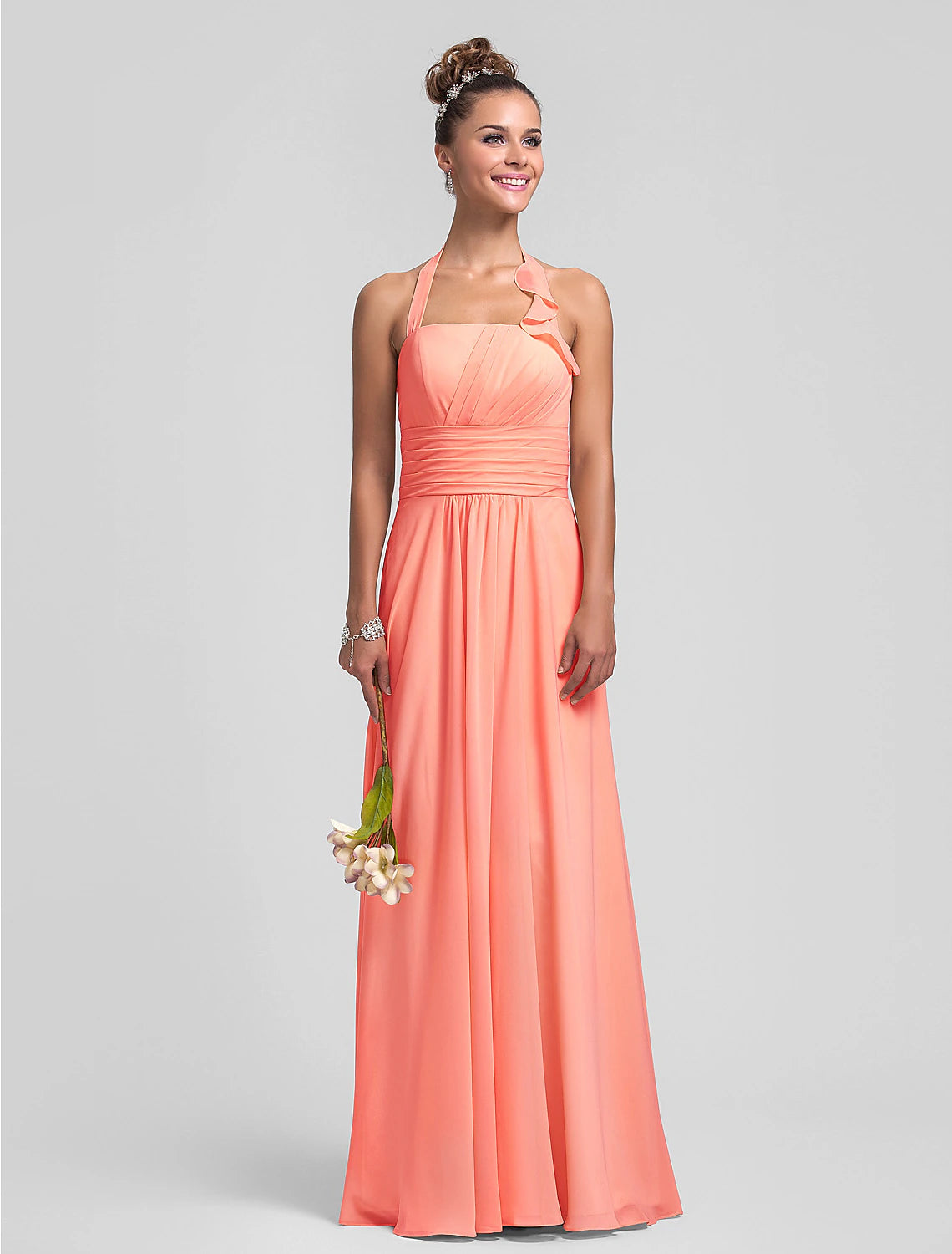 Elegant halter neck sheath chiffon bridesmaid dress with pleats.