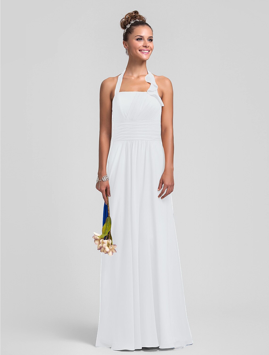 Side view of a floor-length chiffon bridesmaid dress.