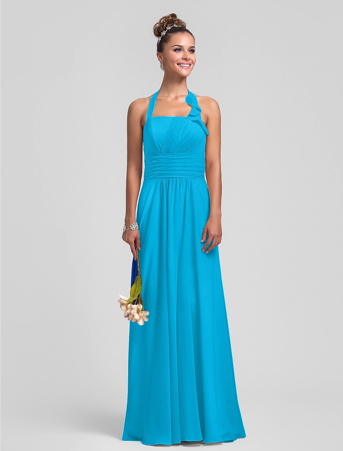 Back view of a halter neck chiffon bridesmaid gown.