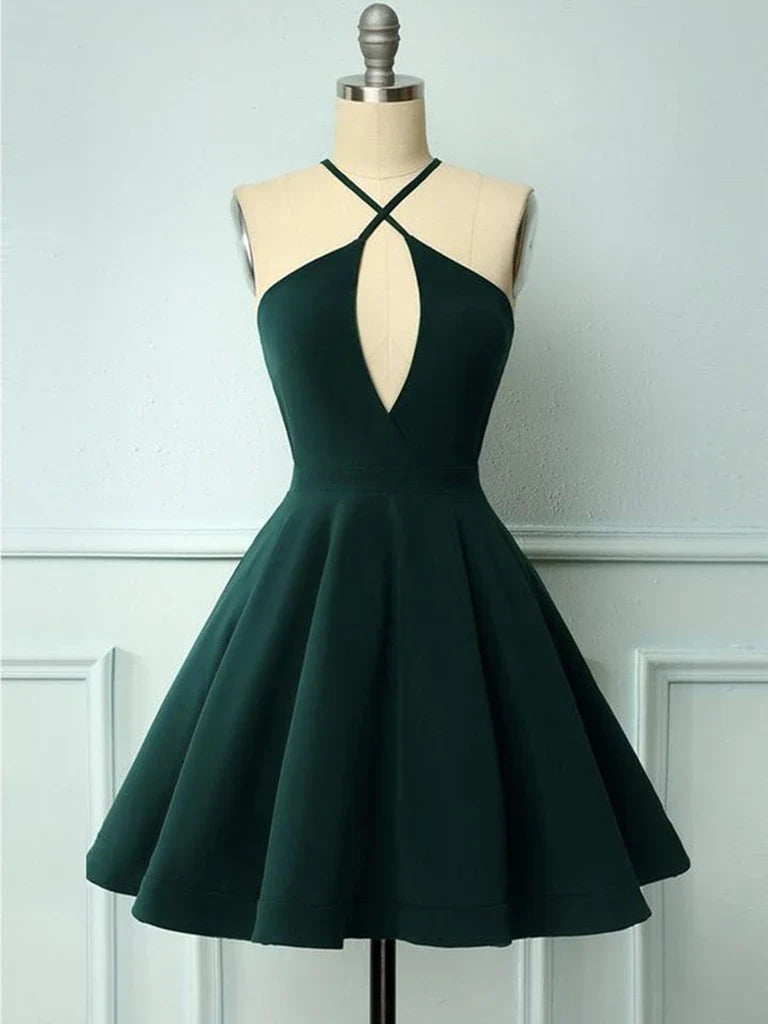 Short A-line halter neck dress for formal events.