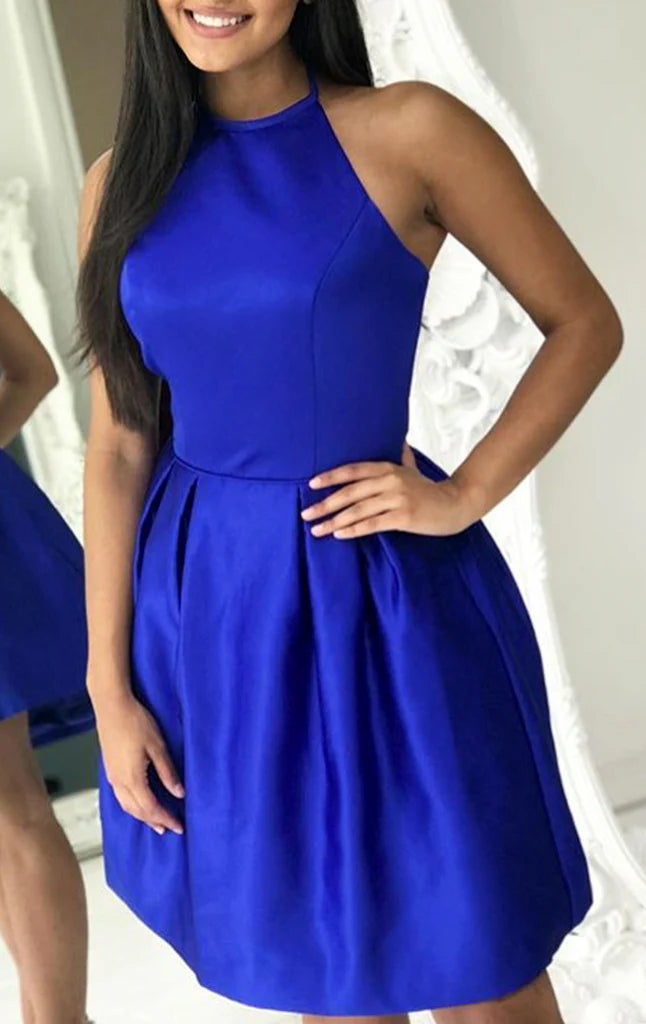 Elegant halter neck short prom dress on a model.