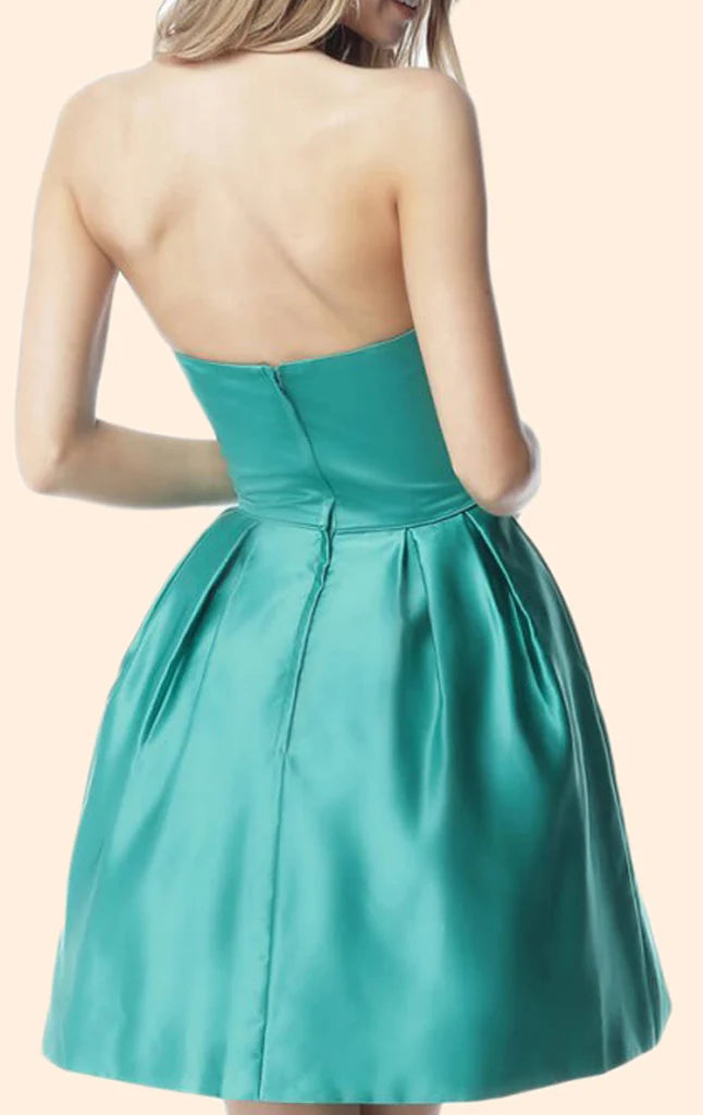 Elegant halter neck short prom dress on a model.