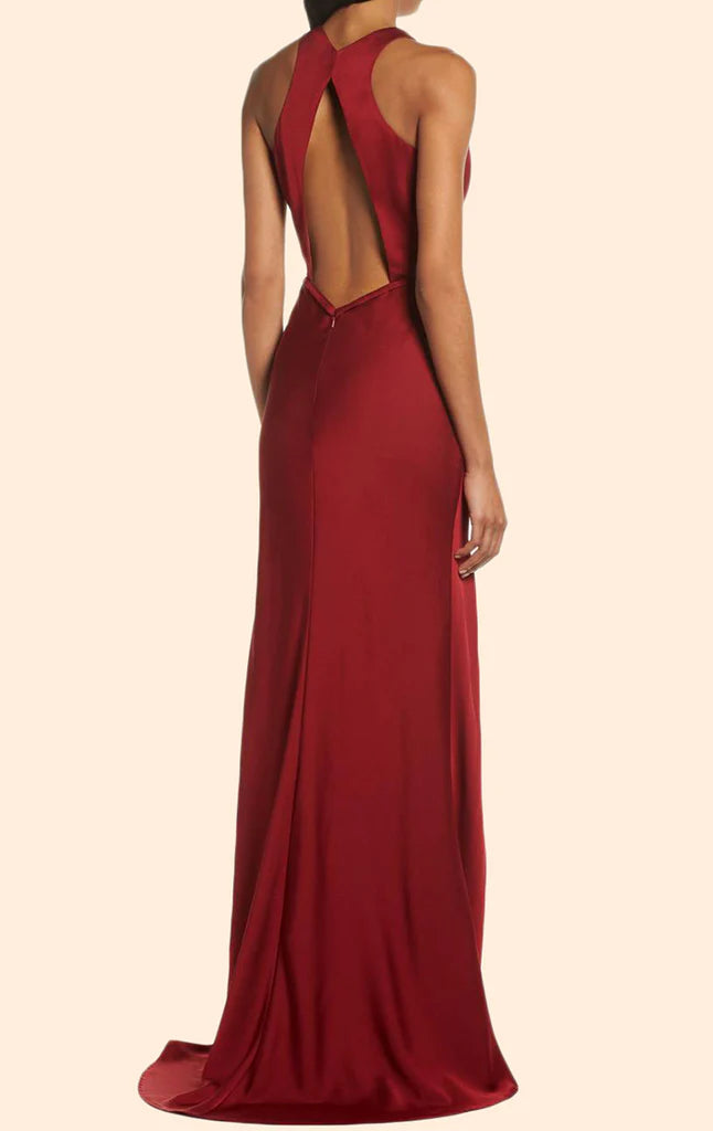 Close-up of the halter neckline and satin fabric of the prom dress.