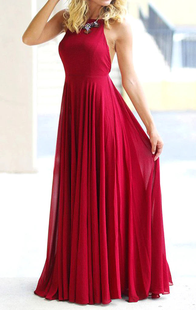 Elegant halter open back chiffon long prom dress, front view.