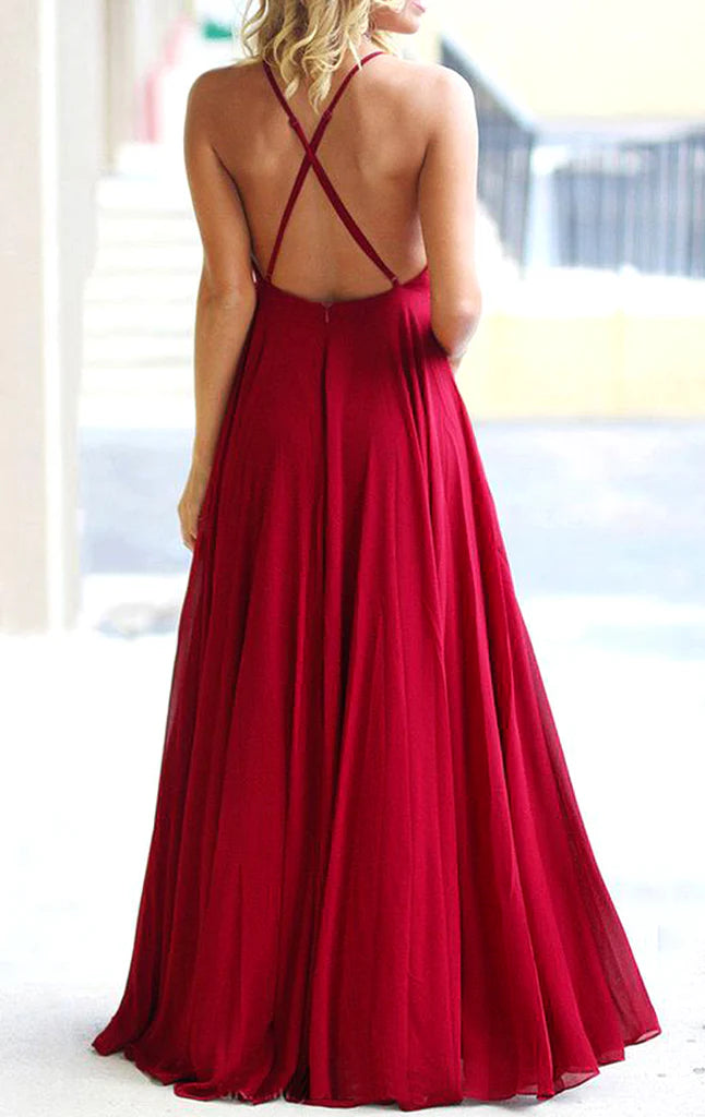 Elegant halter open back chiffon long prom dress, back view.