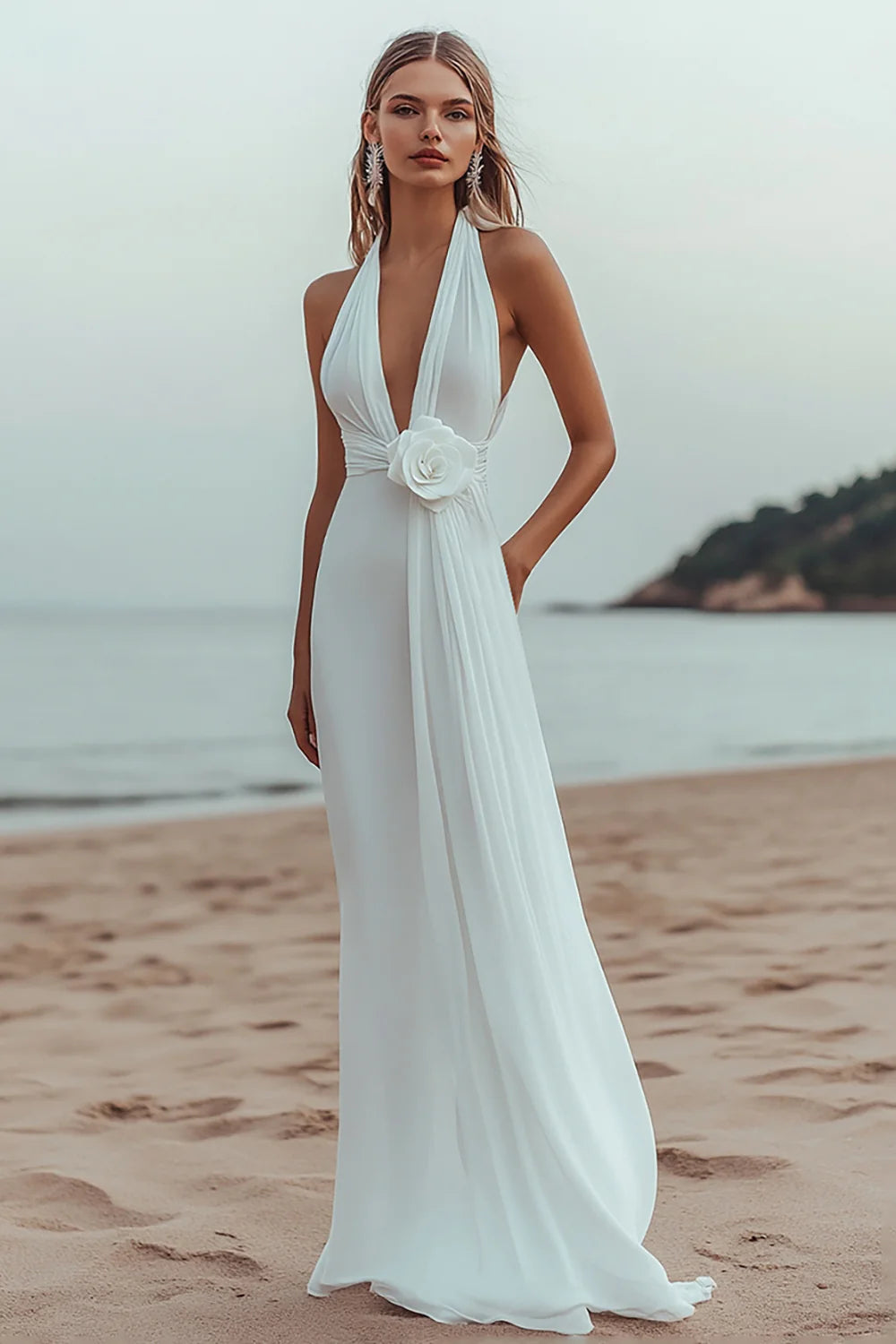 Elegant halter ruched A-line long formal dress with floral detail.