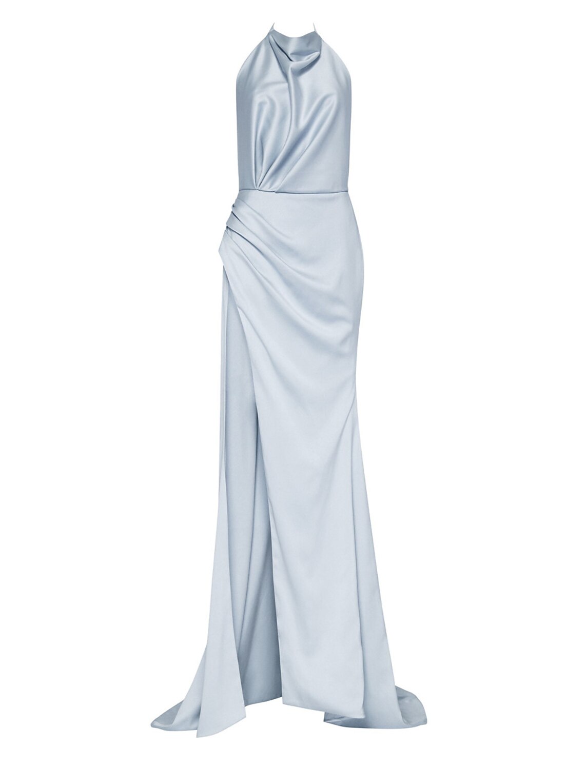 Elegant halter sheath satin prom dress with a slit and court train.