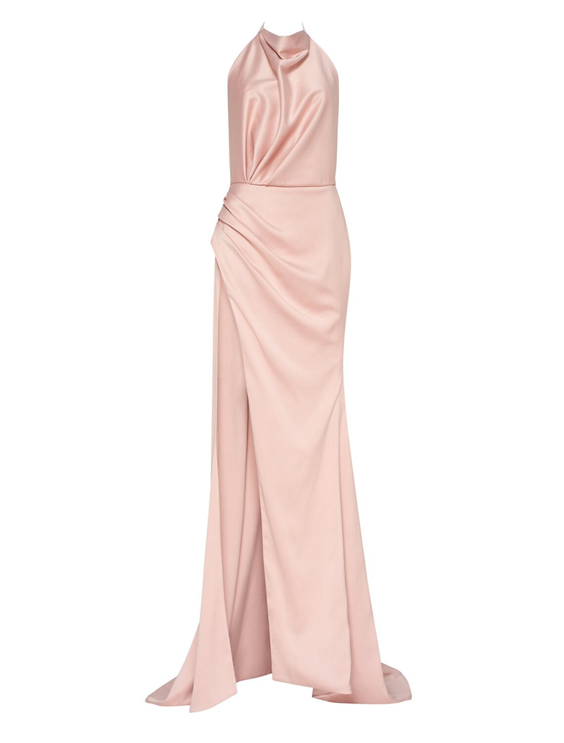 Elegant halter sheath satin prom dress with a slit and court train.