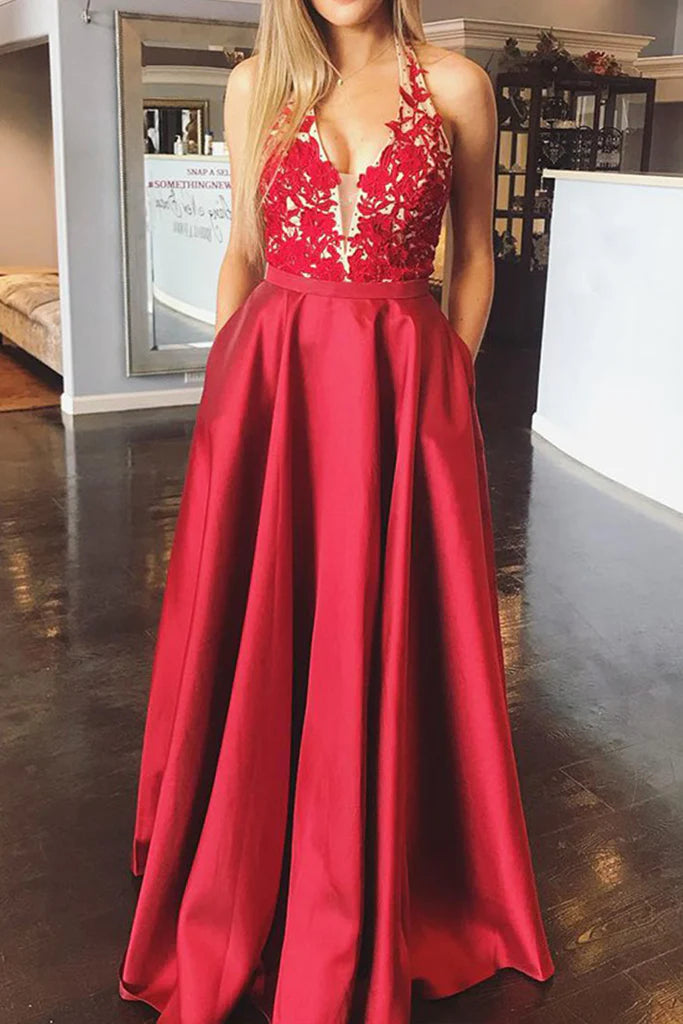 Elegant halter V-neck lace satin long prom dress.