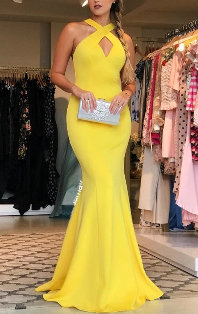 Elegant halter V-neck long prom dress, front view.