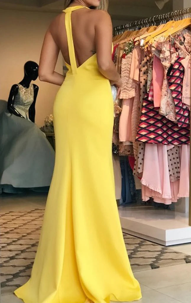 Back view of the elegant halter V-neck long prom dress.
