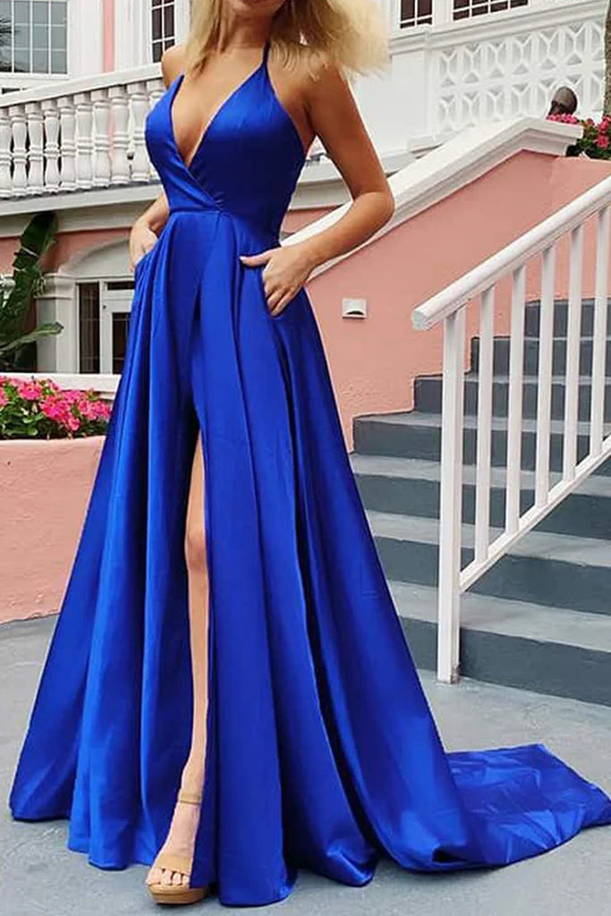 Model showcasing a halter V-neck satin long formal dress.
