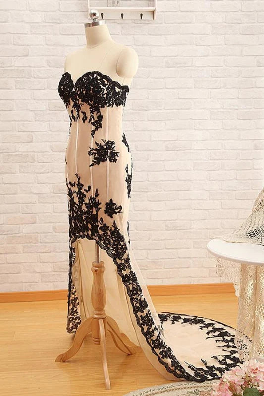 Side view of the sleeveless high-low lace dress with intricate lace details.