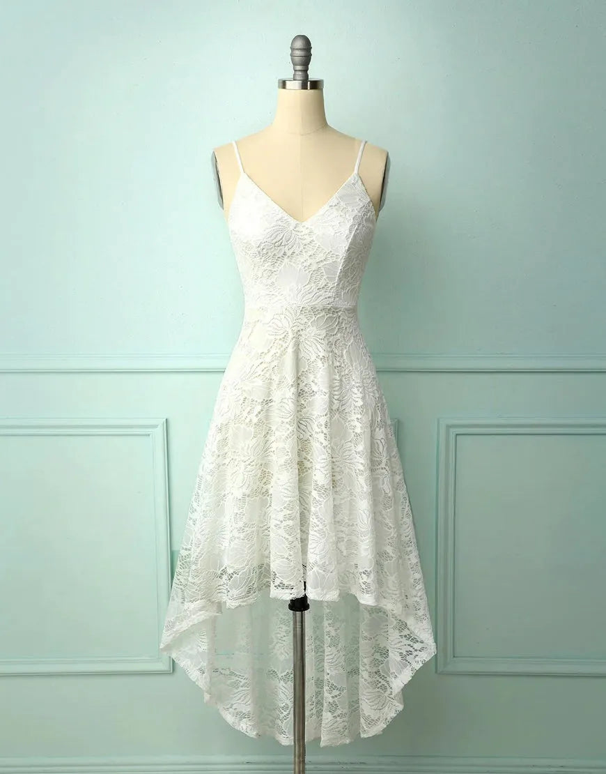 Elegant V-Neck strappy high-low lace party dress, front view.