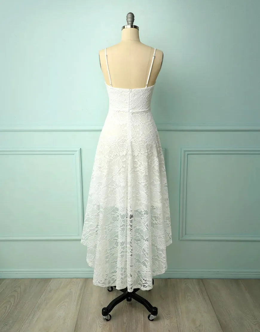 Elegant V-Neck strappy high-low lace party dress, back view.