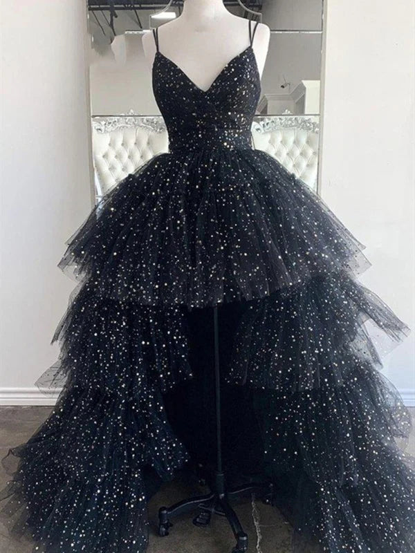 Elegant high-low V-neck tulle prom dress.