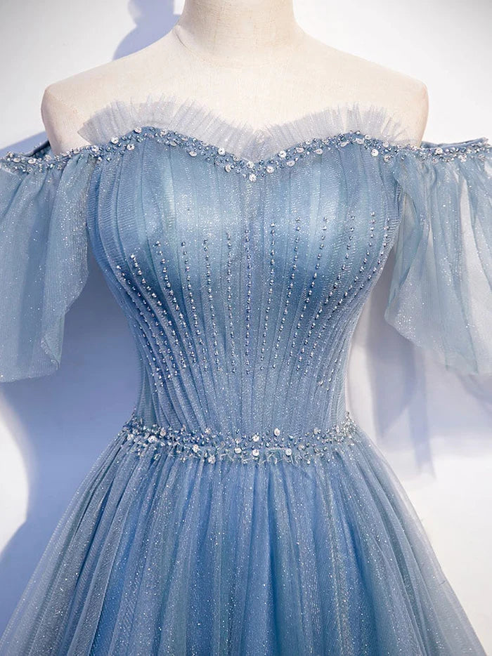 Back view of the shimmering sequin tulle prom dress.