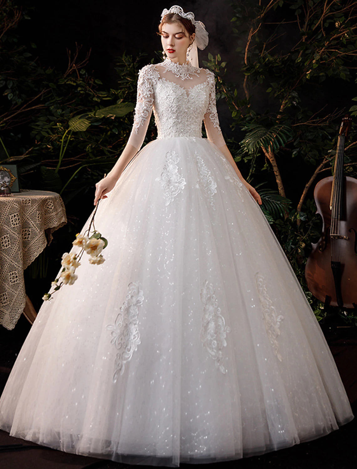 Elegant high neck half sleeve lace ball gown wedding dress.