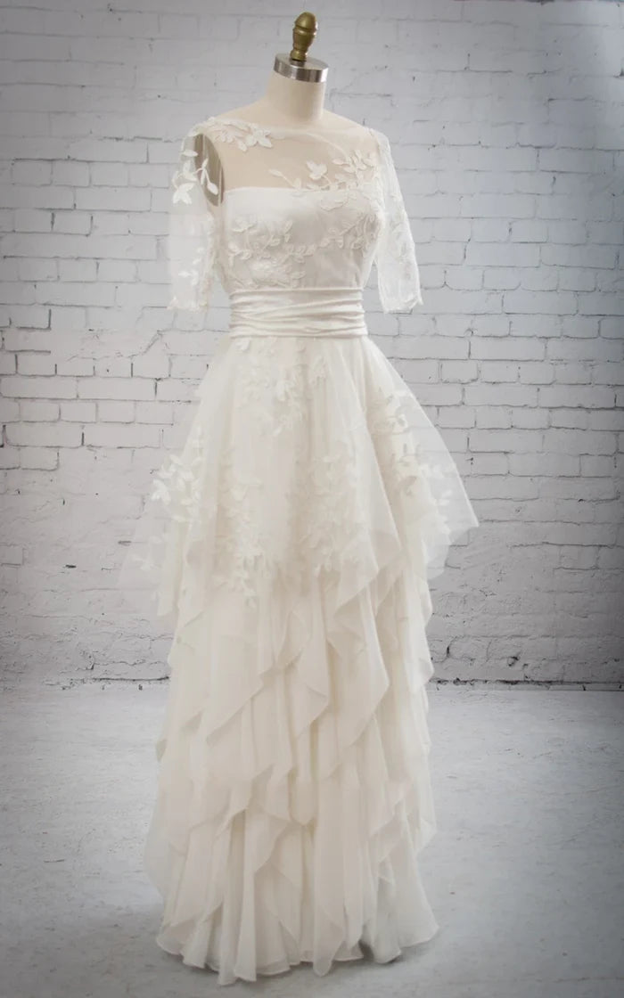 White high neck half-sleeved A-line wedding dress.