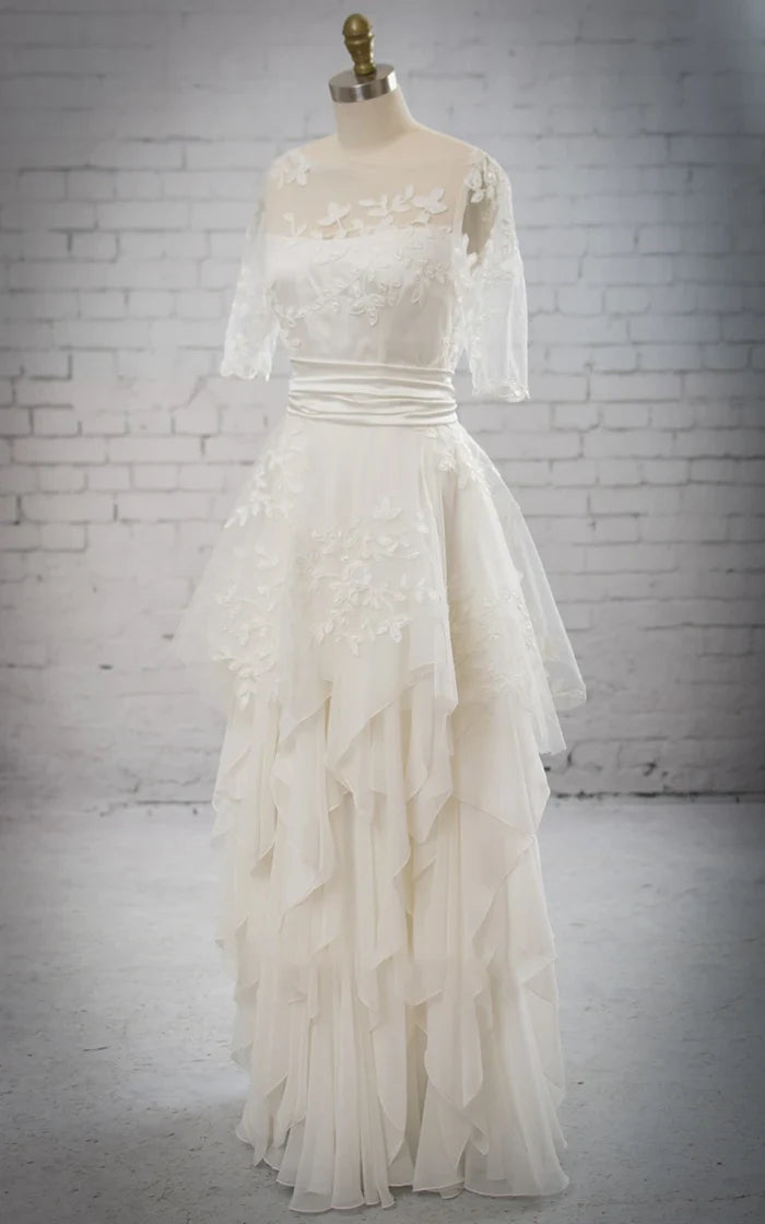 White high neck half-sleeved wedding dress from a different angle.