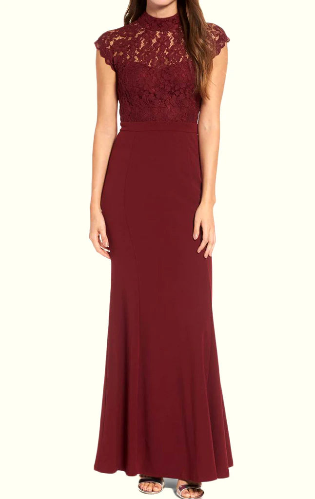 Elegant navy blue high neck lace long formal gown.