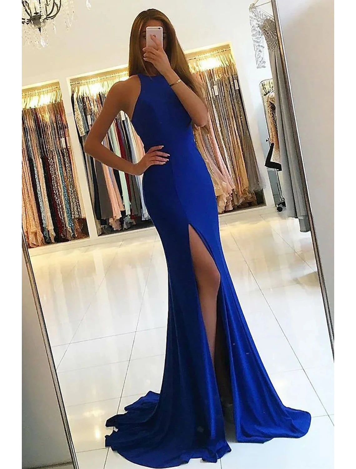 Elegant mermaid bodycon evening gown with high neck and slit.