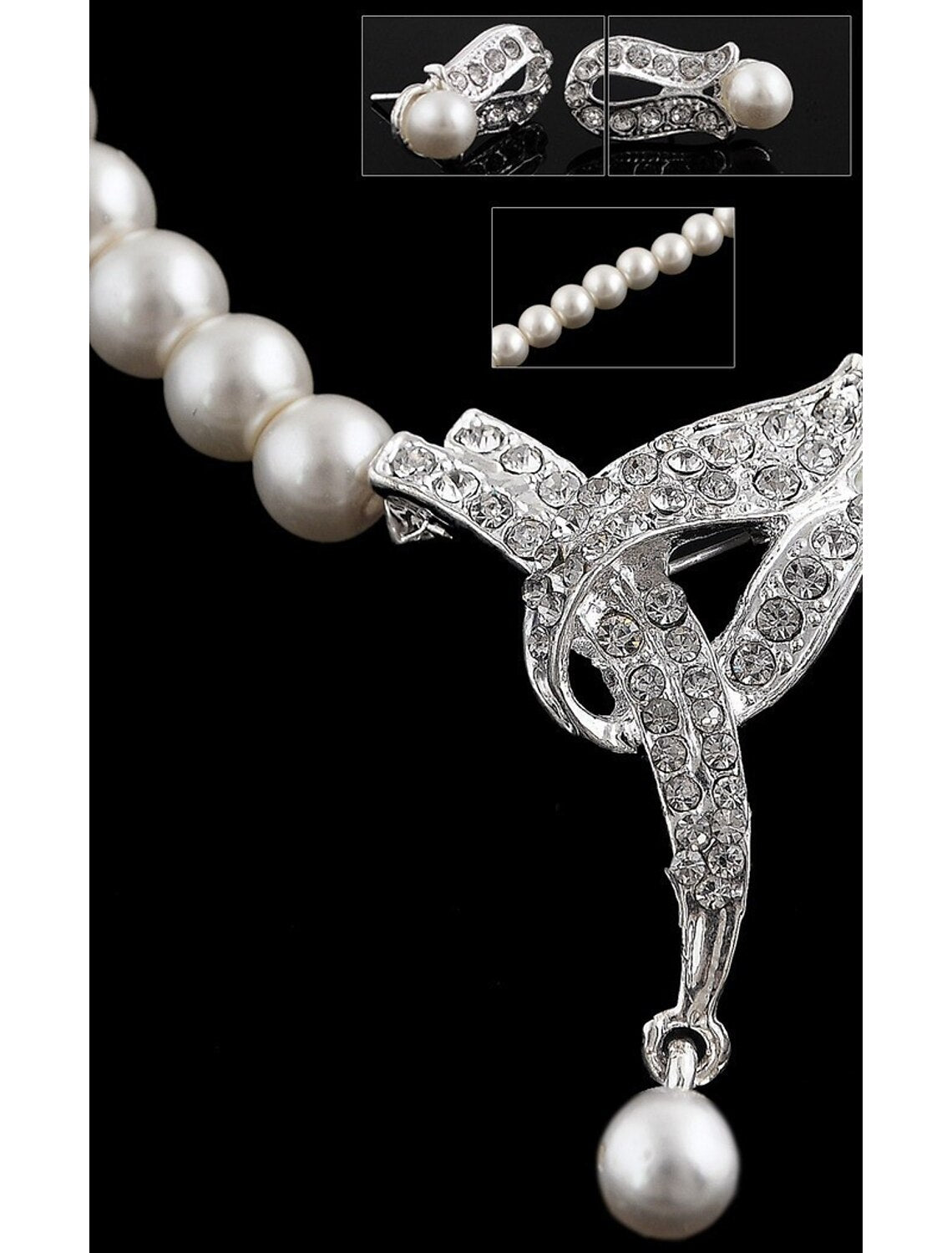 Woman wearing the imitation pearl and rhinestone bridal jewelry set.