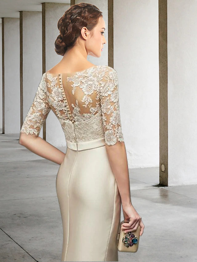 Side view of satin lace Mother of the Bride dress featuring bow appliques.