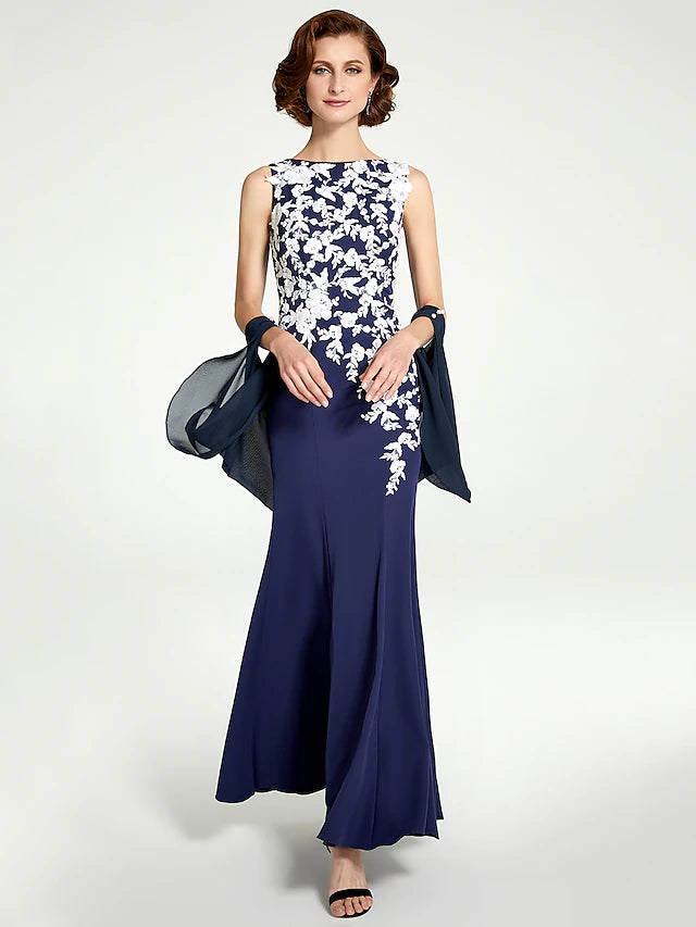 Elegant mermaid trumpet mother of the bride dress with jewel neck and lace details.