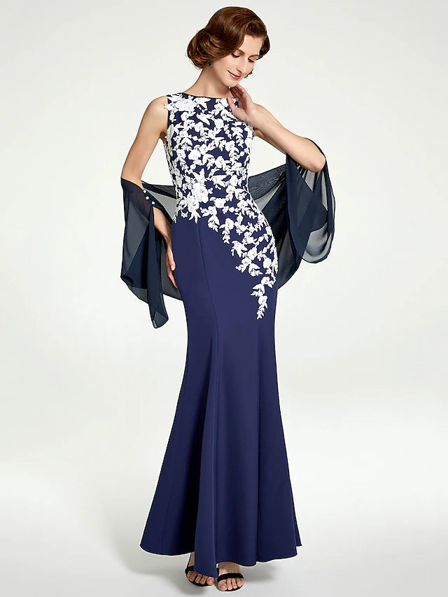 Back view of the floor length chiffon lace gown for formal occasions.
