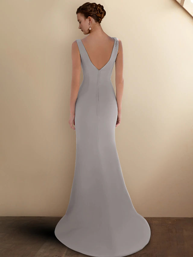 Detailed view of the delicate appliques and stretch chiffon fabric on the elegant Mother of the Bride dress.