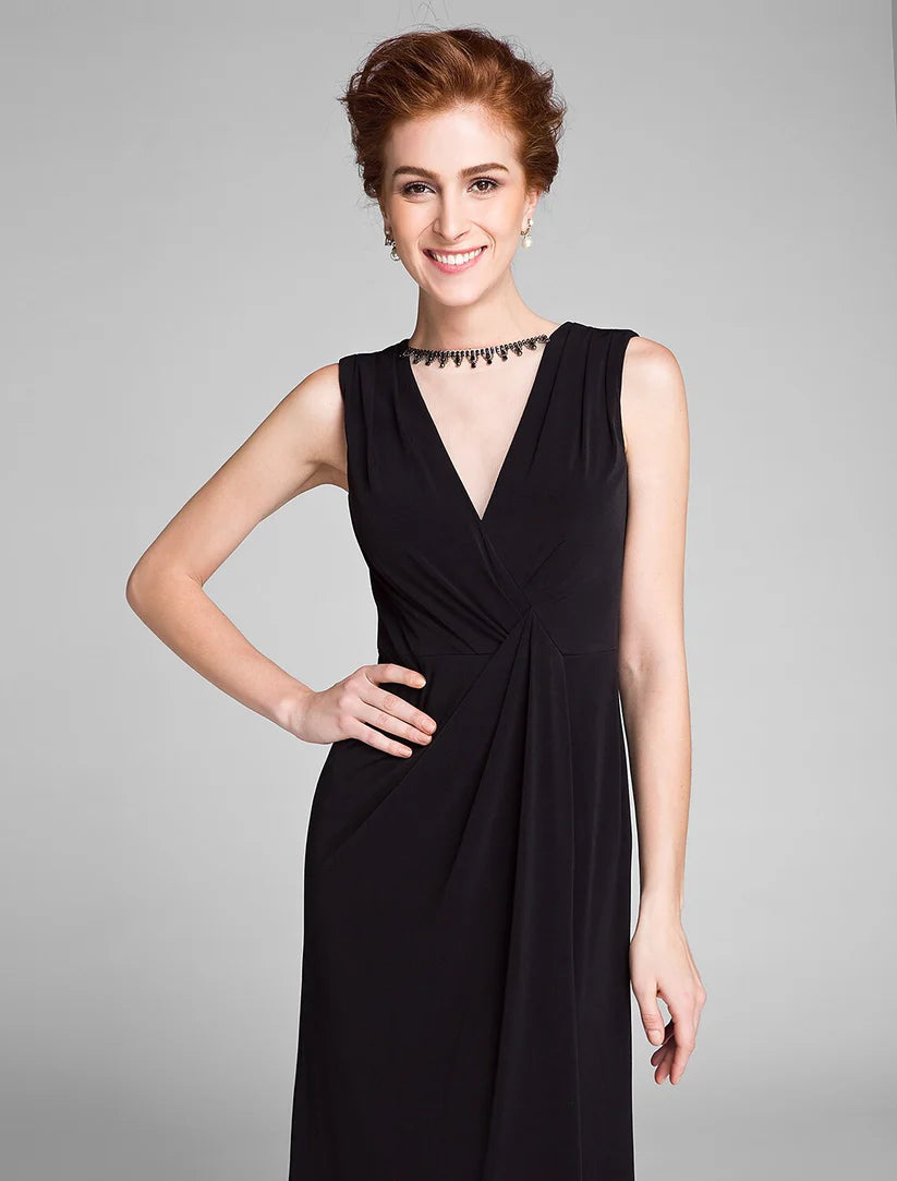Formal chiffon gown with jewel neck and sleeveless design, back view.