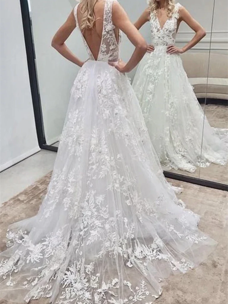 Elegant A-line lace wedding dress with V-neck and V-back.