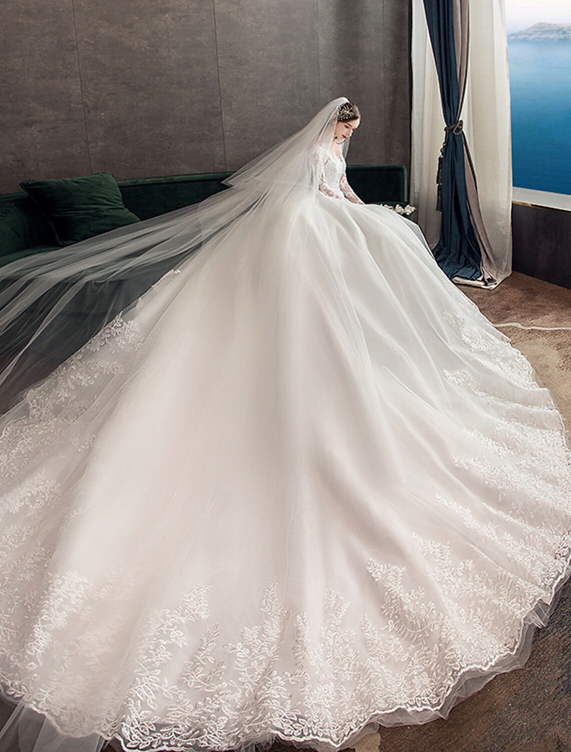 Close-up of delicate lace appliques on a bridal gown.