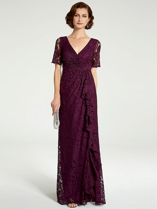 Mother of the bride dress, elegant sheath V-neck with lace and beading.