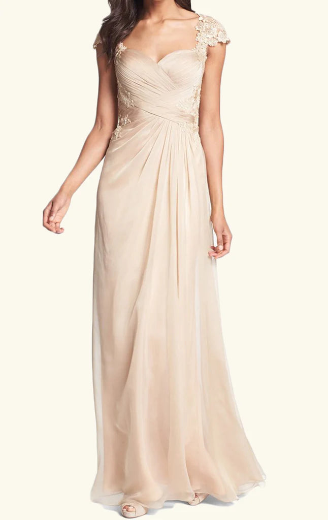 Elegant long chiffon Mother of the Bride dress with lace cap sleeves.