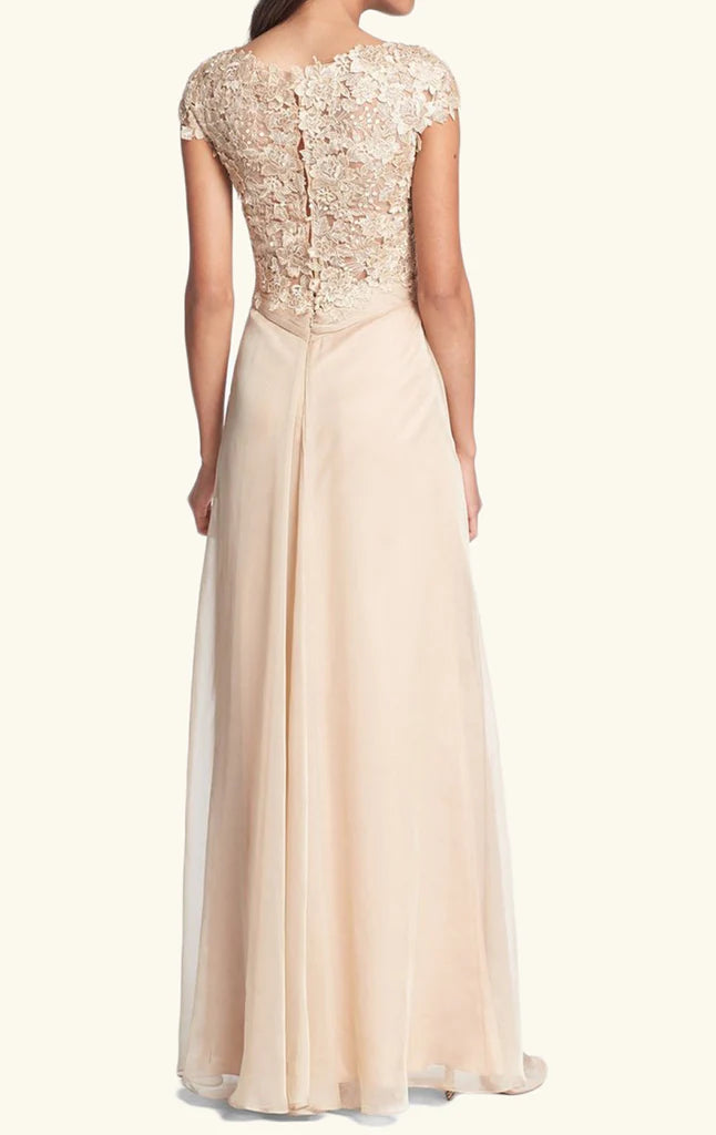 Long chiffon Mother of the Bride dress with lace cap sleeves, shown from a different angle.