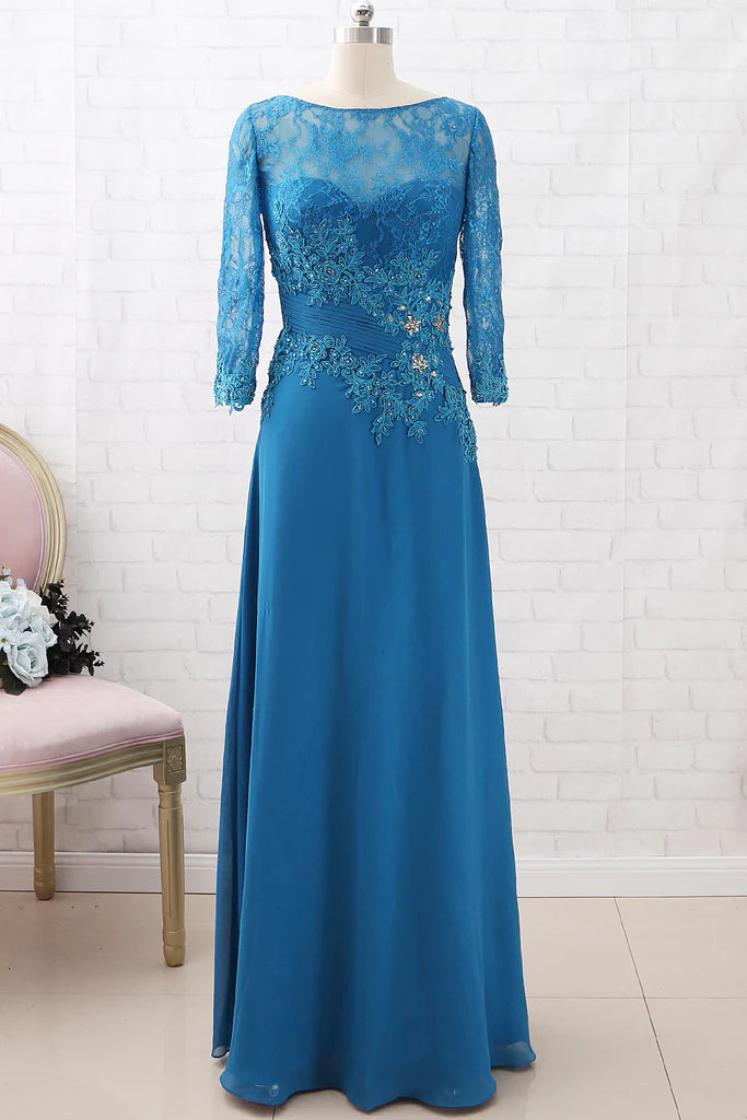 Elegant lace chiffon mother of the bride dress with 3/4 sleeves.
