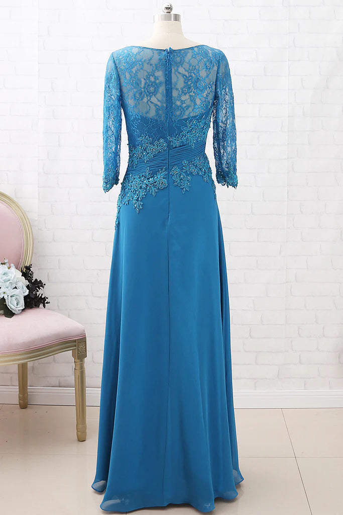 Back view of a lace chiffon formal gown.