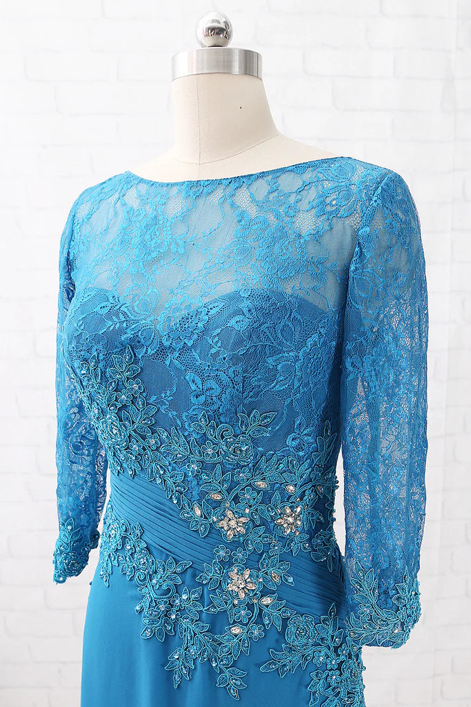 Side view of an elegant mother of the bride dress.