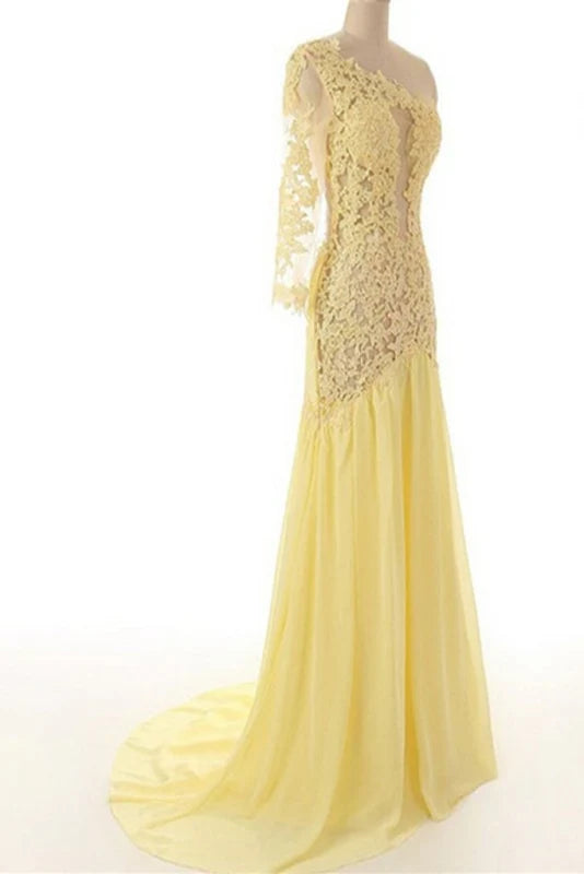 Elegant long lace and chiffon prom evening dress on a model.