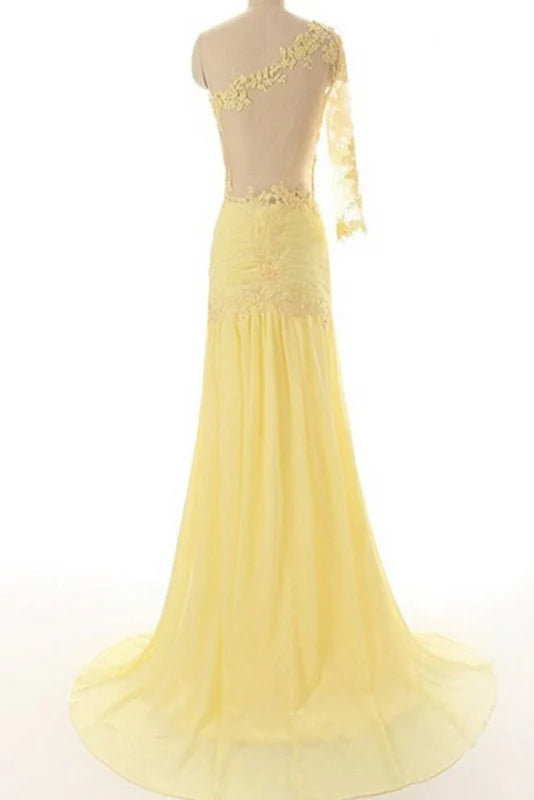 Sleeveless A-line evening gown with lace bodice and flowing chiffon skirt.
