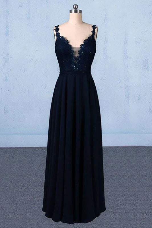 Elegant floor-length chiffon prom dress with lace details and spaghetti straps.