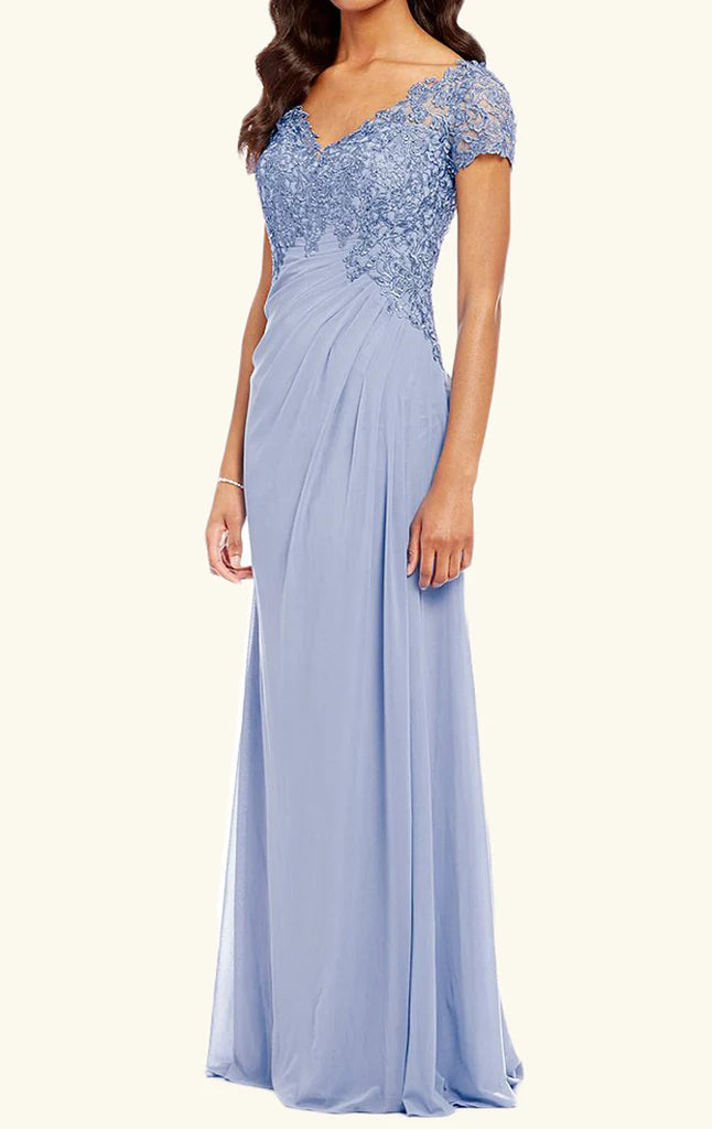 Elegant lace and chiffon V-neck Mother of the Bride dress.
